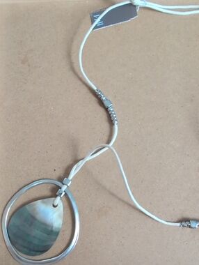 White Cord Necklace with Iridescent Mother-of-Pearl Teardrop and Silver Hoop